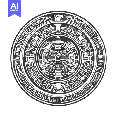 Aset desain premium: Circular Aztec-Style Design with a Central Face and Multiple Rings of