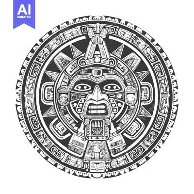 Premium design asset: Circular Aztec-Style Design with Detailed Mask and Glyphs