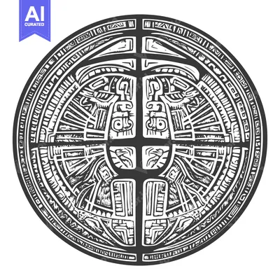 Aset premium populer: Circular Aztec-Style Design with Geometric Patterns and Stylized Faces