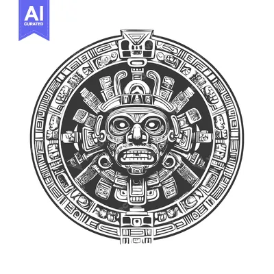 Aset desain premium: Circular Aztec Sun God with Intricate Patterns and Fangs