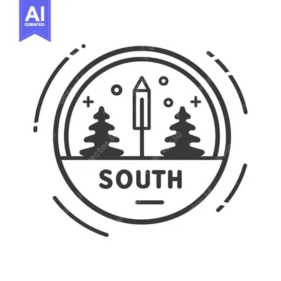 Premium design asset: Circular Badge with a Pencil, Two Pine Trees, and the Word "South"