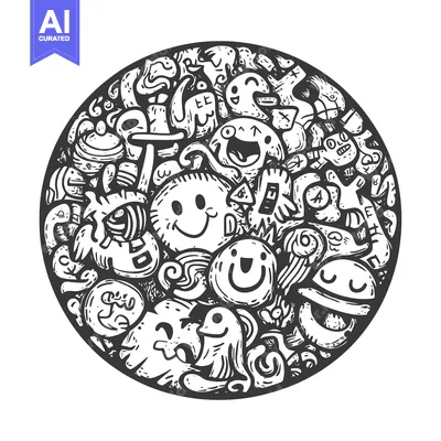 Premium design asset: Circular Black and White Doodle with Multiple Smiling Characters