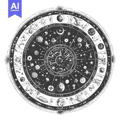 Aset premium populer: Circular Celestial Map with Zodiac Signs and Stars