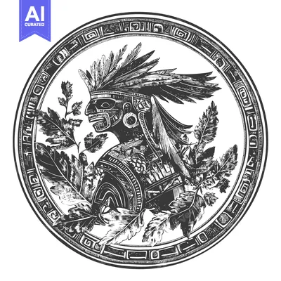 Aset premium populer: Circular design featuring an indigenous figure with a feathered headdr