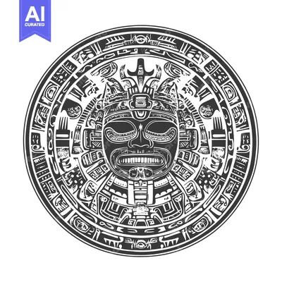 Aset desain premium: Circular Design with Central Mayan Mask and Geometric Patterns