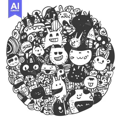 Aset premium populer: Circular Doodle of Cartoon Animals and Abstract Shapes
