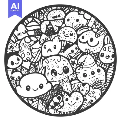 Aset premium populer: Circular Doodle of Cute Cartoon Characters and Patterns
