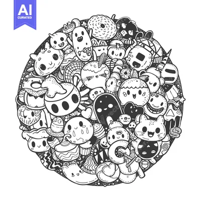 Aset premium populer: Circular Doodle with Various Cute Characters and Objects