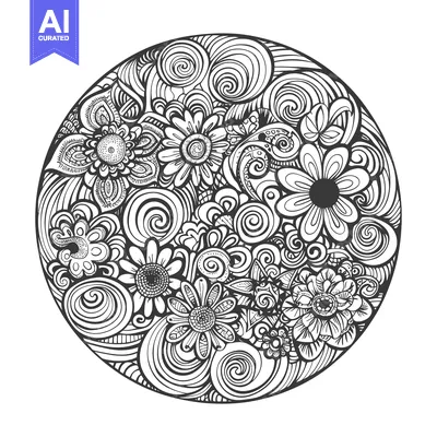 Aset desain premium: Circular Floral Design with Swirls and Abstract Elements
