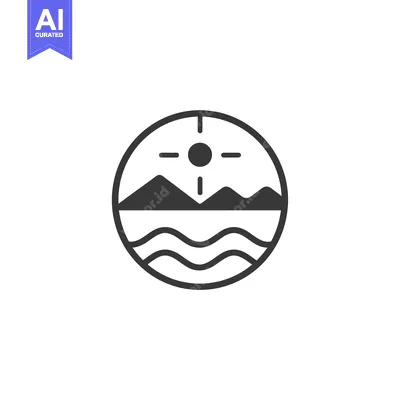 Aset premium populer: Circular Icon Depicting a Mountain Landscape with Sun and Waves