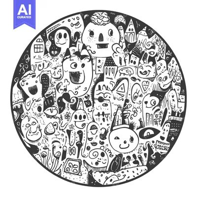 Aset premium populer: Circular Illustration of Whimsical Black and White Doodle Creatures