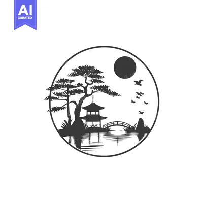 Aset desain premium: Circular Japanese Garden Scene with Pagoda, Tree, Bridge, and Birds
