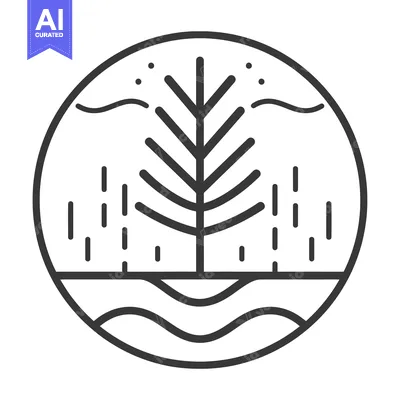 Premium design asset: Circular Line Art Depicting a Tree with Waves and Rain