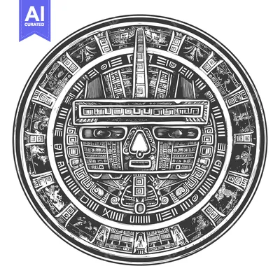 Aset desain premium: Circular Mayan Design with Central Face and Geometric Patterns