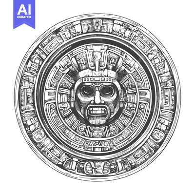 Circular Mayan Glyph with Fanged Face