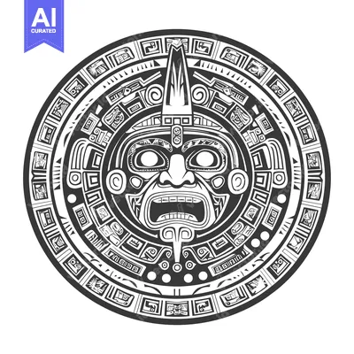 Aset desain premium: Circular Mayan-Style Design with a Detailed Face in the Center