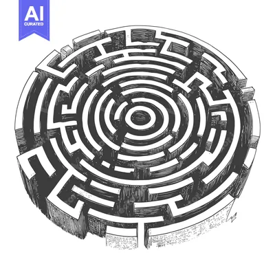 Aset desain premium: Circular Maze with Central Hole Hand Drawn in Black and White