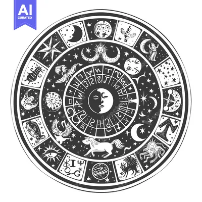 Circular Zodiac Chart with Black and White Illustrations of Zodiac Sig