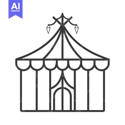 Aset desain premium: A simple outline drawing of a striped tent with hanging lamps