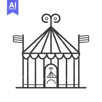A simplified black and white illustration of a large tent structure