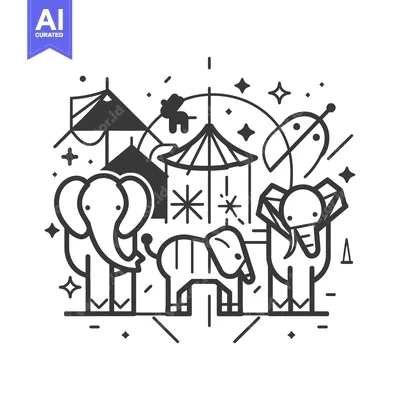Aset desain premium: Circus Tent With Elephants, Zebra, and Stars