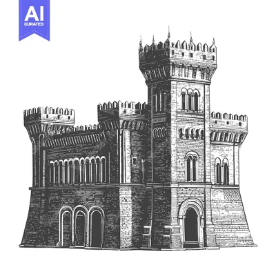 Aset desain premium: A detailed illustration of a medieval castle building