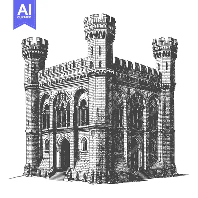 Aset premium populer: A Detailed Drawing Of A Medieval Style Castle