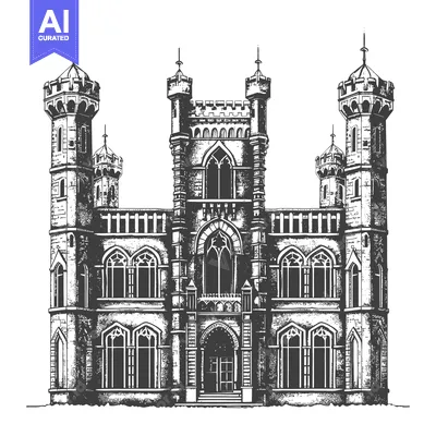 Aset desain premium: Majestic Castle Illustration with Gothic Architecture Details
