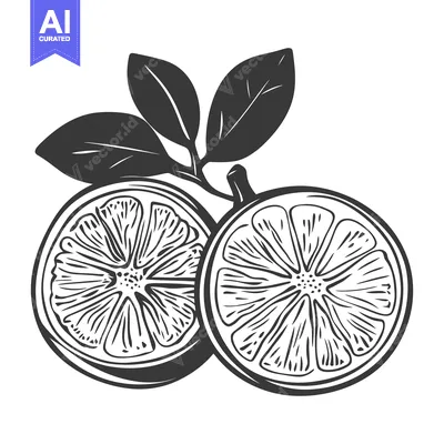 Aset premium populer: Two citrus halves and leaves are displayed in monochrome illustration