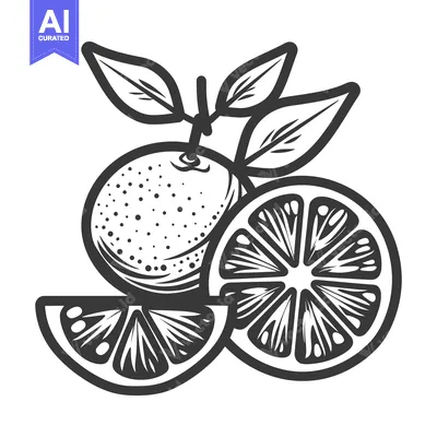 Aset desain premium: Detailed black and white illustration of various citrus fruits and lea