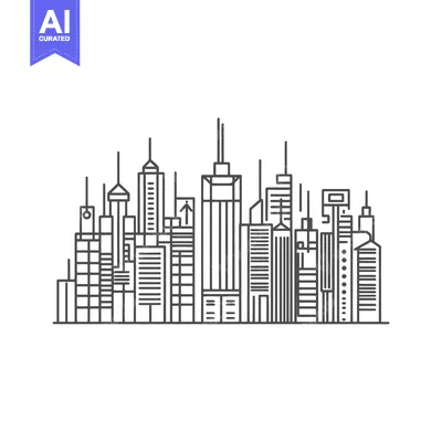 Aset desain premium: Simple line drawing depicting a modern urban city skyline