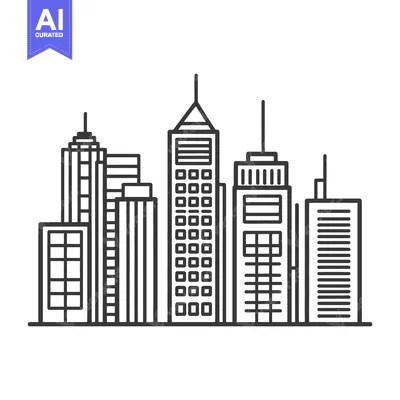 Aset premium populer: A simple black and white line drawing of city buildings