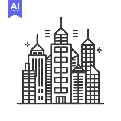 Aset desain premium: A stylized black and white illustration of a cityscape skyline