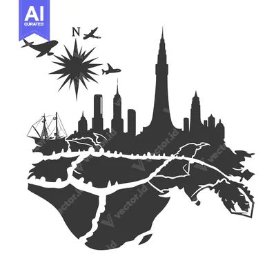 Aset desain premium: Cityscape with Compass Rose, Airplane Silhouettes, and Sailboat
