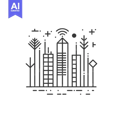 Aset premium populer: Cityscape with Trees, a Wifi Symbol, and Geometric Patterns