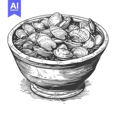 Aset desain premium: A wooden bowl filled with many delicious clams