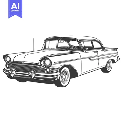 Aset desain premium: Classic Vintage Car Depicted In A Detailed Black And White Illustratio
