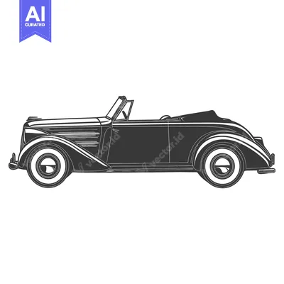 Aset desain premium: Black and white illustrated classic convertible automobile design