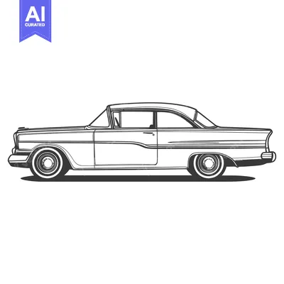 Aset premium populer: A vintage automobile depicted in a linear black and white style