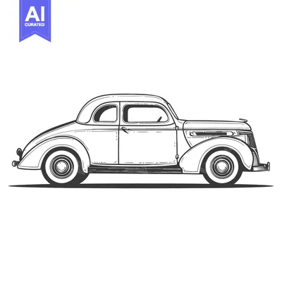 Aset desain premium: A classic black and white illustration depicting a vintage automobile