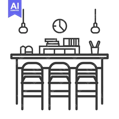 Aset desain premium: An illustration of a minimalist bar table with stools and clock