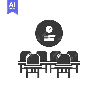 Premium design asset: Classroom with Chairs and a Book and Clock Icon Above
