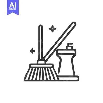 Aset premium populer: Minimalist Cleaning Icon: Broom, Detergent, and Sparkles in Outline St