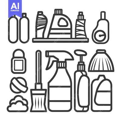 Aset desain premium: Illustrated outline collection of household cleaning supplies and tool