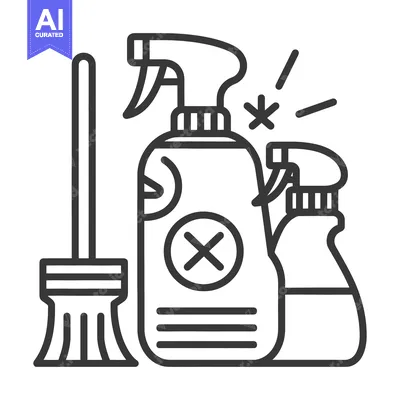 Premium design asset: Household cleaning supplies with a broom and spray bottles displayed