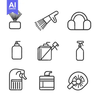 Aset desain premium: Icons of cleaning tools and accessories against a white background