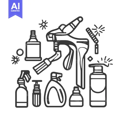 Aset desain premium: A collection of cleaning supplies and spray bottles are illustrated