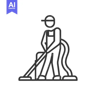 Aset desain premium: Minimalist Icon: Cleaner Vacuuming, Line Art Illustration of Janitor a