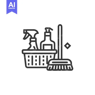 Premium design asset: Cleaning Supplies Icon: Basket with Spray Bottle, Liquid Soap, and Bro