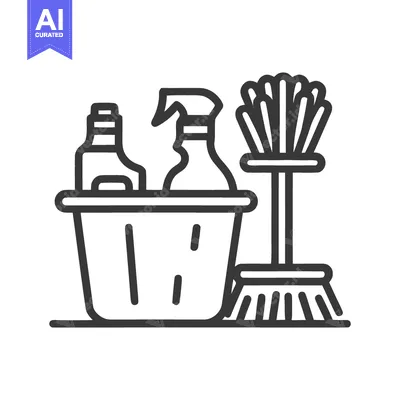 Aset desain premium: Cleaning Supplies Icon: Bucket, Bottles, and Brush in Bold Outline Sty